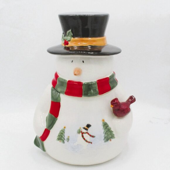 Ceramic Snowman Cookie JarTop Hat Scarf Cardinal Winter Holiday 12"   ki - Picture 1 of 6